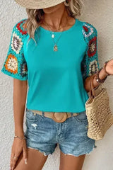 Geometric Round Neck Short Sleeve Blouse | Femstylo - Femstylo