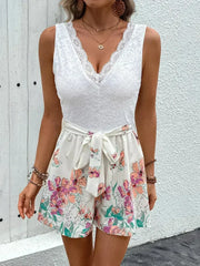 Lace Printed V-Neck Sleeveless Romper - Femstylo