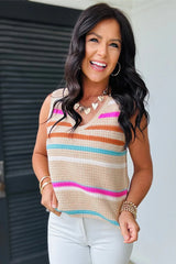 Khaki Stripe V Neck Textured Knit Vest