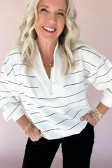 White Striped Zipper V-Neck Drop Sleeve Top - Femstylo
