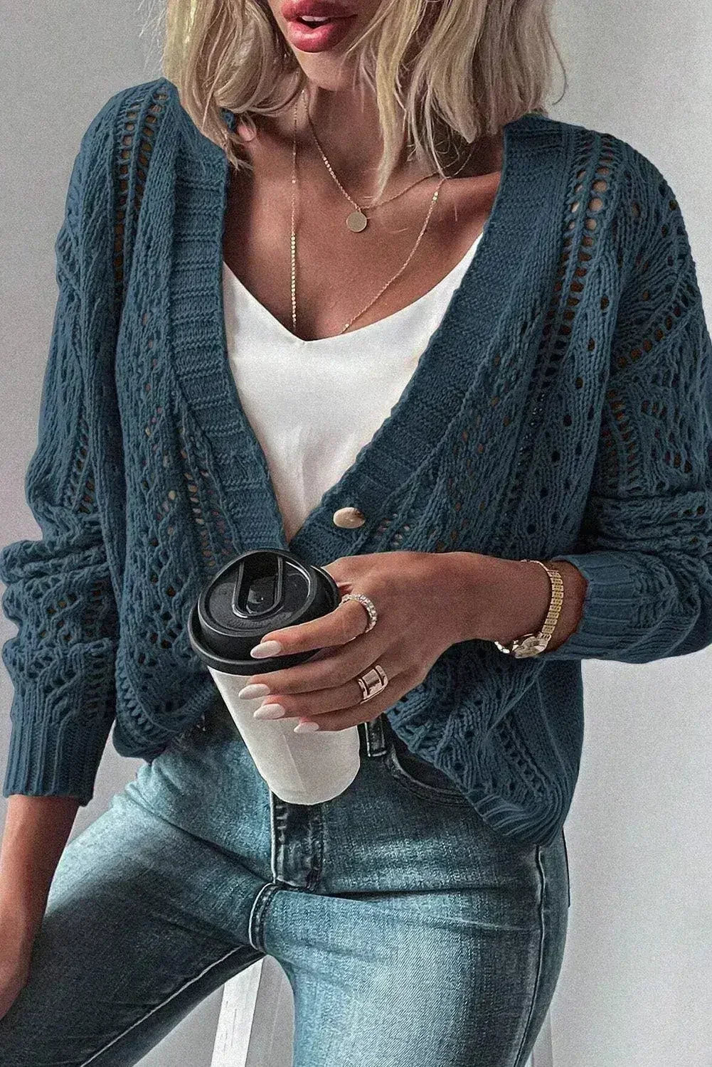 Dark Khaki Cardigan – Open Knit Drop Shoulder Sweater | Cotton-Acrylic Blend - Femstylo