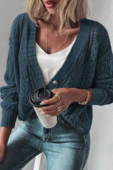 Dark Khaki Cardigan – Open Knit Drop Shoulder Sweater | Cotton-Acrylic Blend - Femstylo