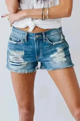 Distressed Mid Rise Frayed Hem Denim Shorts - Femstylo