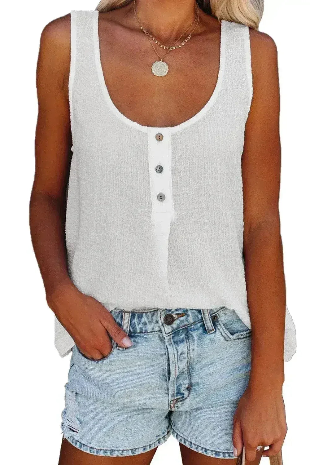 Button Textured Cotton Tank Top - Femstylo