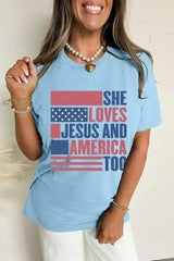 Light Blue SHE LOVES JESUS AND AMERICA TOO Patriotic T Shirt - Femstylo