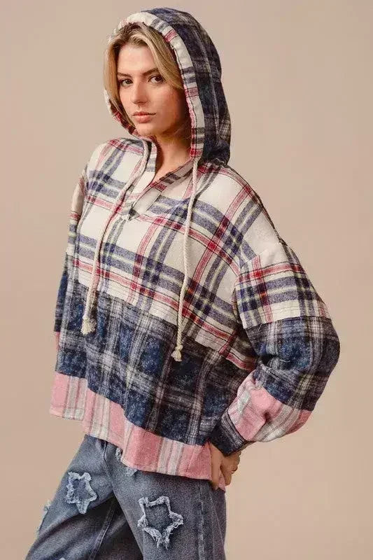 BiBi Drawstring Plaid Drop Shoulder Hoodie - Femstylo