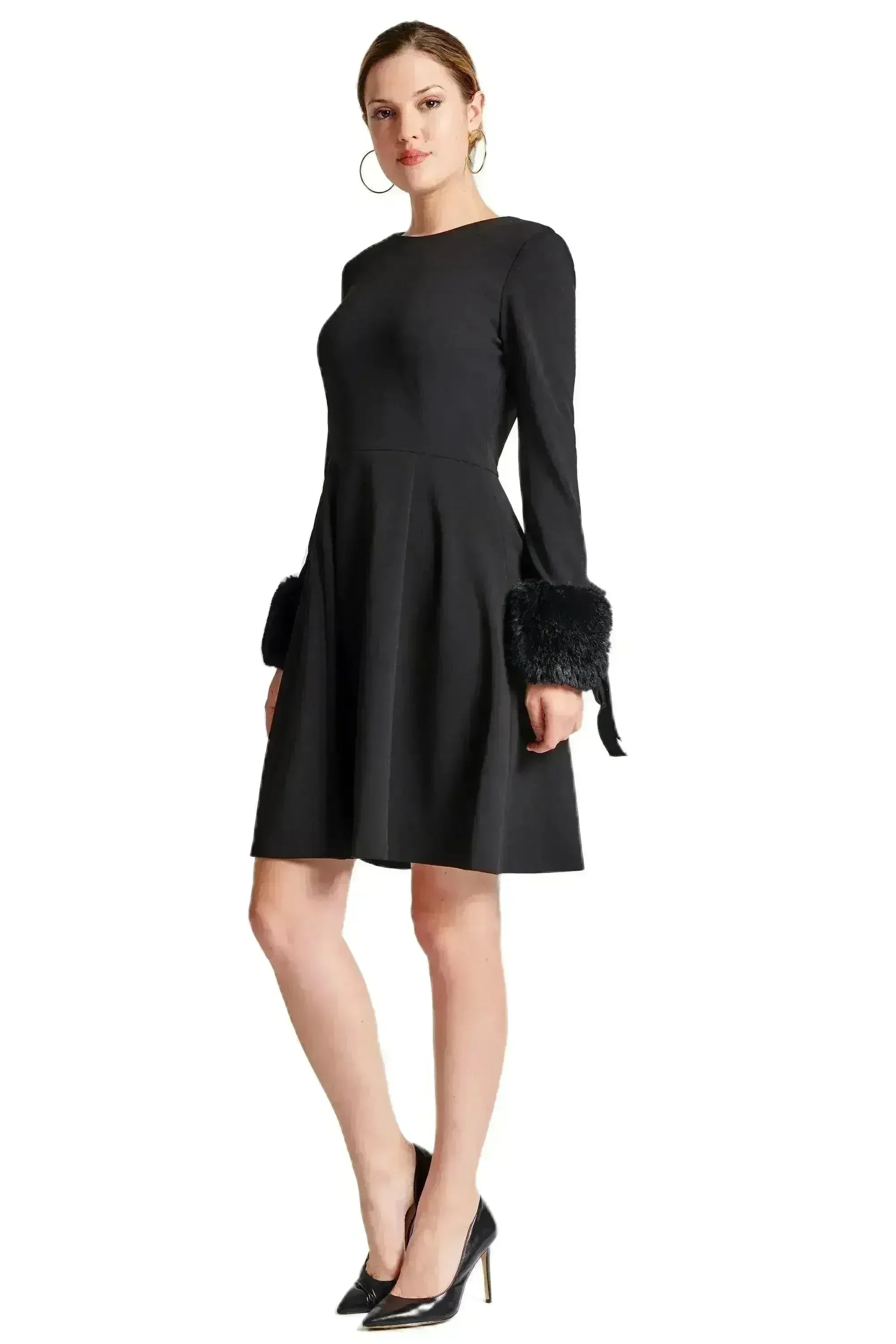 Caroline Dress - Crepe fit & flare dress with faux fur cuffs - Femstylo