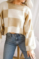 Khaki Checkered Bishop Sleeve Sweater - Femstylo