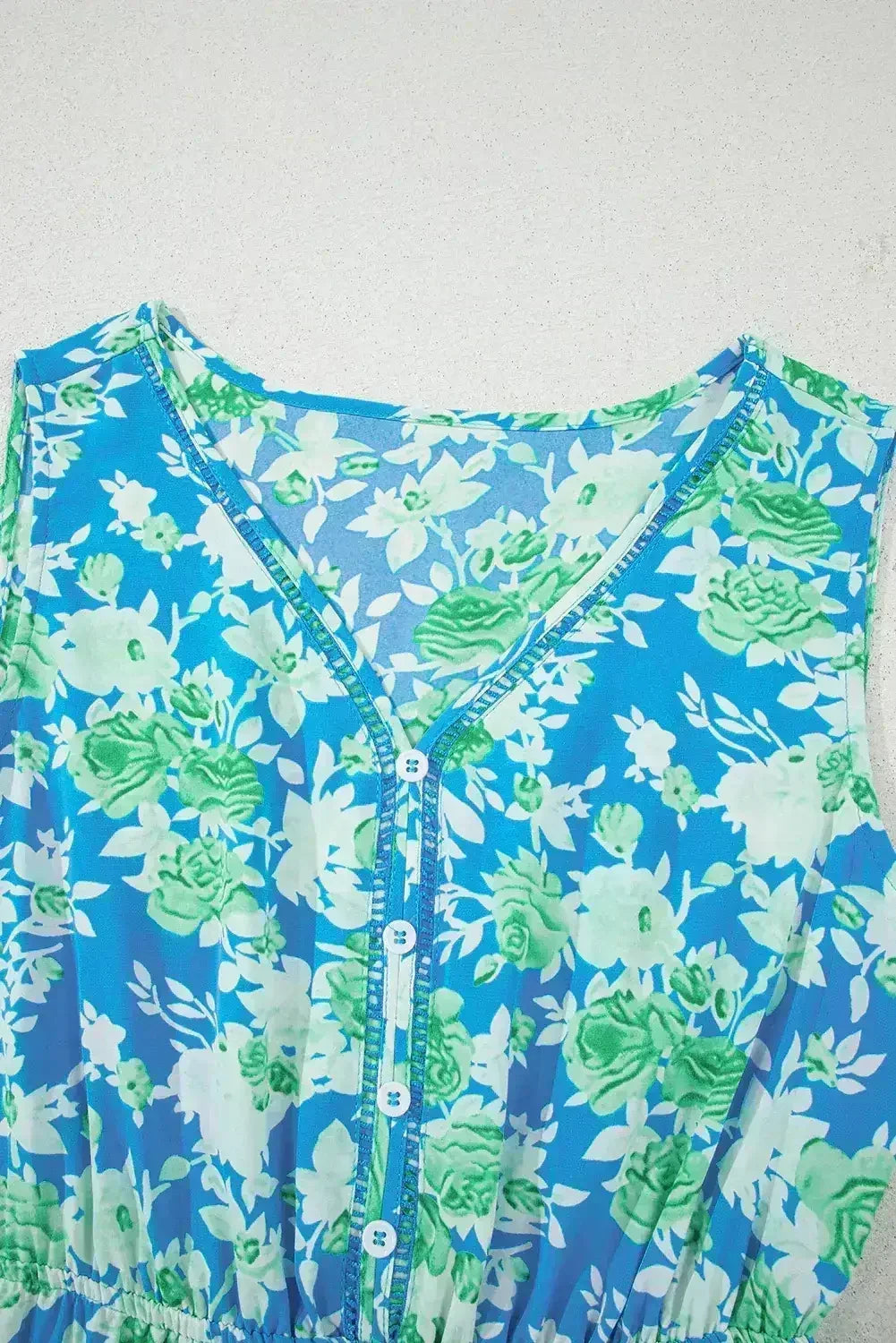 Green Floral Print Trimmed V Neck Sleeveless Vacation Dress - Femstylo