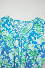 Green Floral Print Trimmed V Neck Sleeveless Vacation Dress - Femstylo