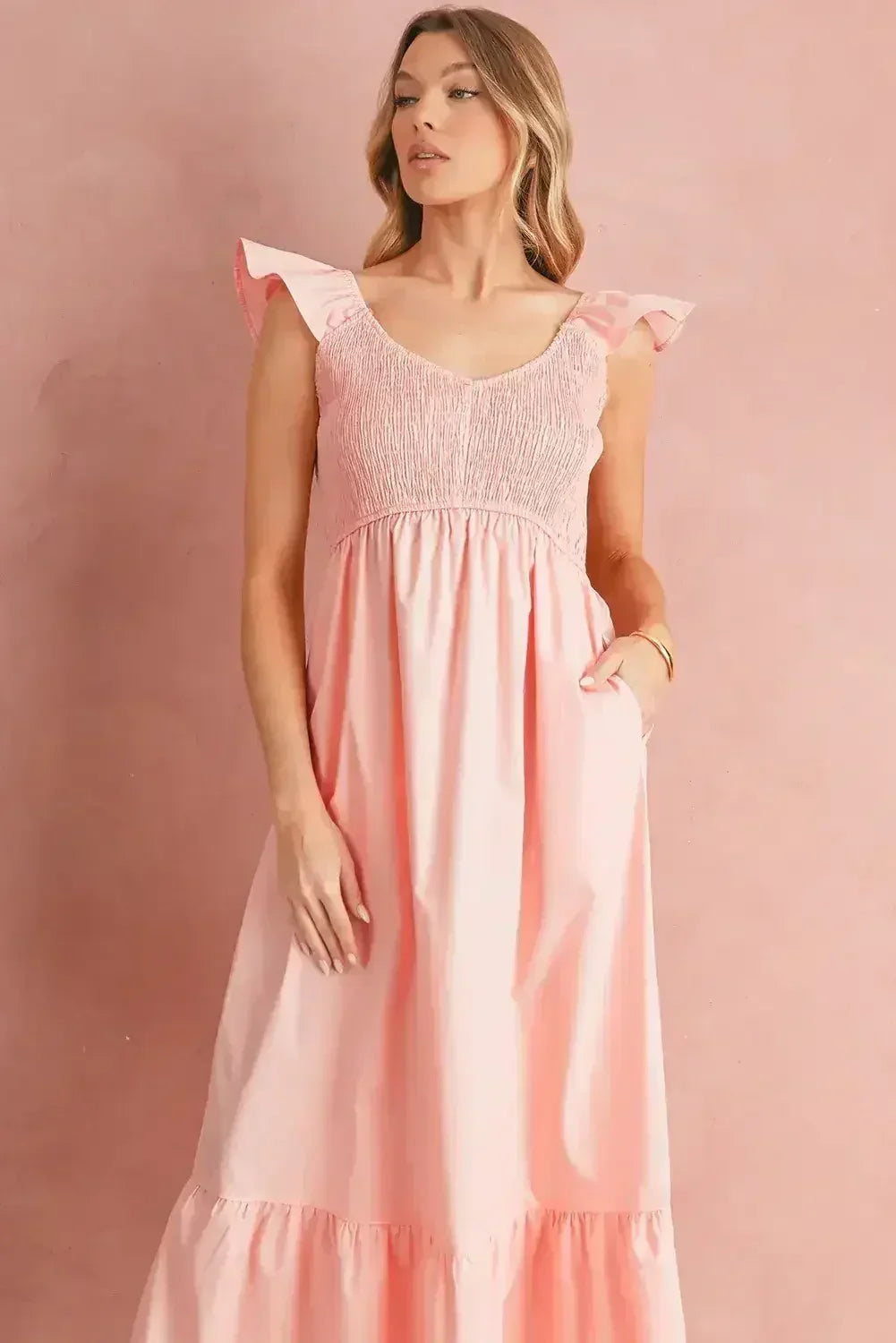 Black V Neck Flutter Sleeve Smocked Bodice High Waist Ruffle Maxi Dress - Femstylo