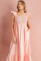 Black V Neck Flutter Sleeve Smocked Bodice High Waist Ruffle Maxi Dress - Femstylo