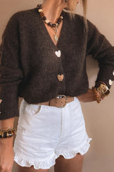 Chicory Coffee V Neck Metallic Heart Button Knit Cardigan