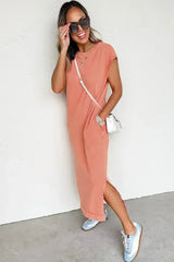 Carrot Mineral Wash Pocketed T-shirt Dress - Femstylo