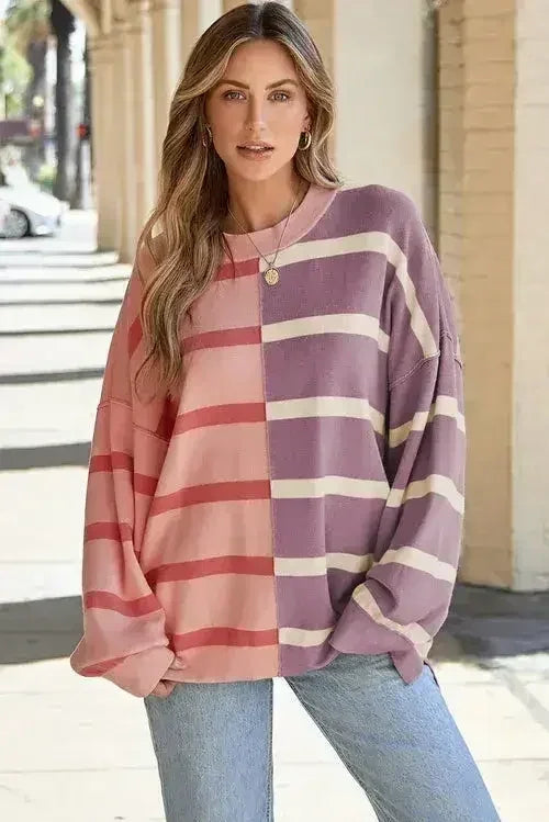 Pink Stripe Oversized Sweater - Colorblock Knit | Femstylo - Femstylo