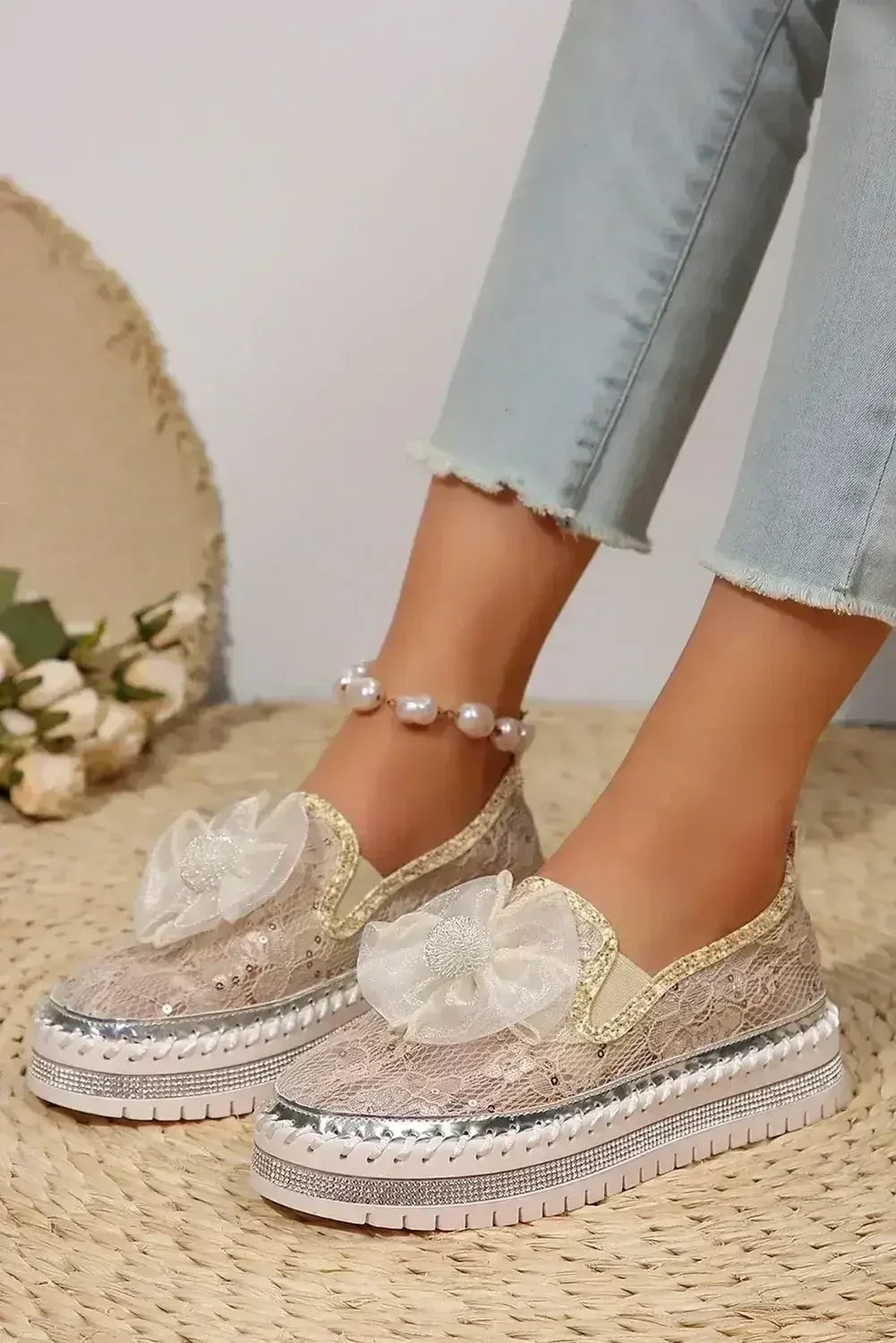 White Sequin Bow Thick Sole Casual Shoes - Femstylo