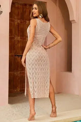 Crochet Beach Coverup Dress – High Split Maxi with U-Neck - Femstylo