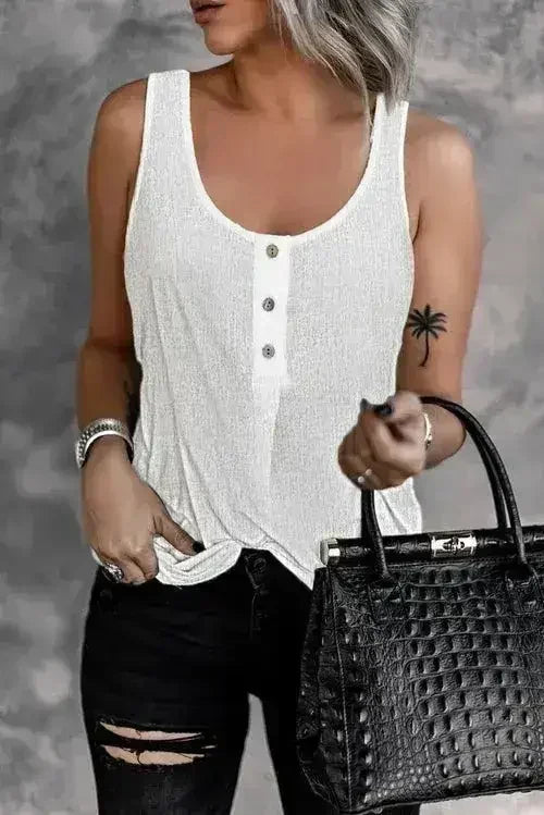 Button Textured Cotton Tank Top - Femstylo