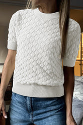 White Fish Scale Textured Knit Ribbed High Neck Short Sleeve Sweater