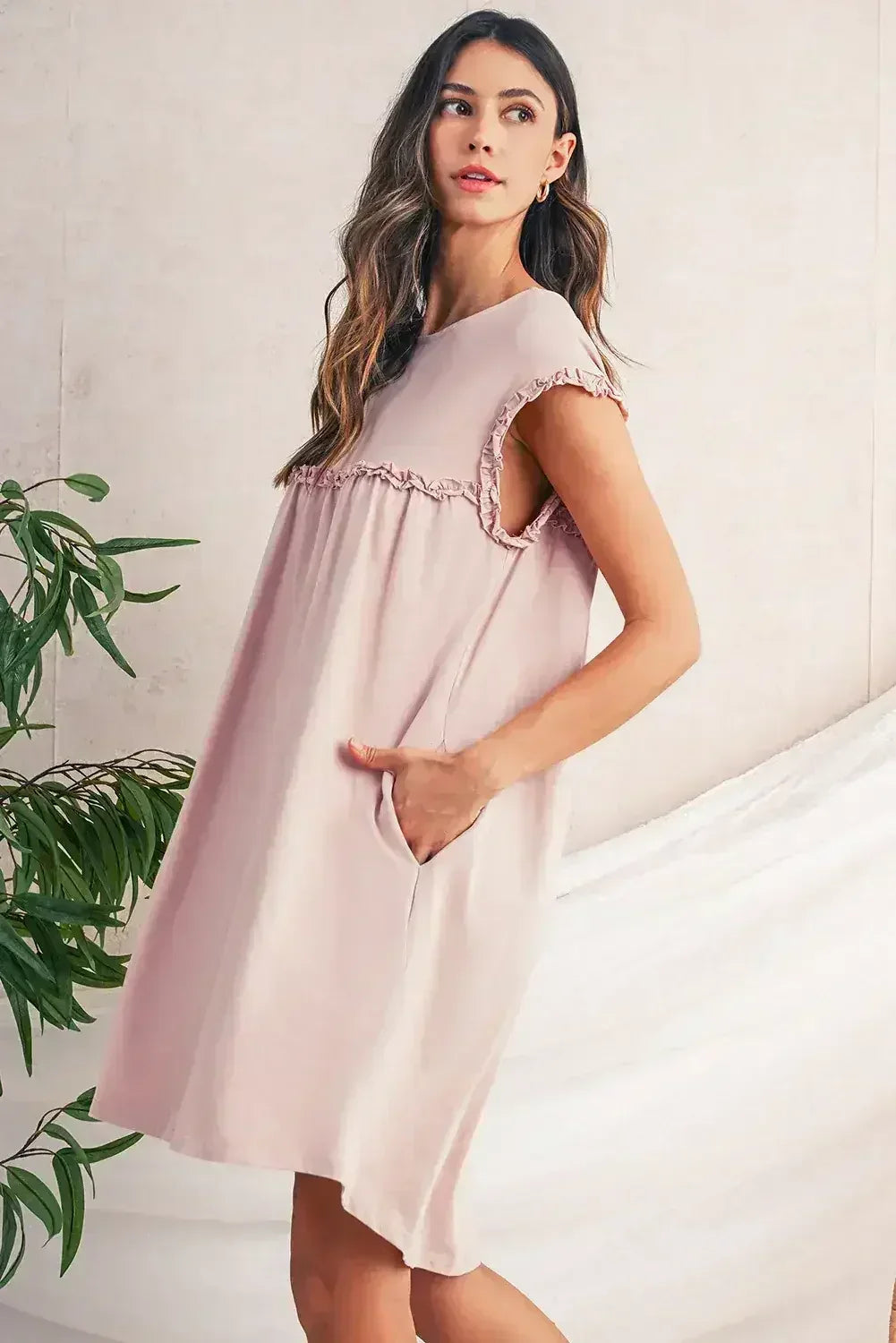 Oatmeal Frilled Trim Crewneck Loose Fit Mini Dress - Femstylo