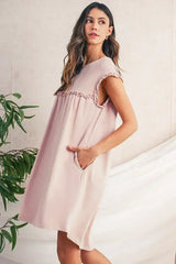 Oatmeal Frilled Trim Crewneck Loose Fit Mini Dress - Femstylo