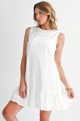 White Floral Eyelet Embroidered Sleeveless Shift Dress