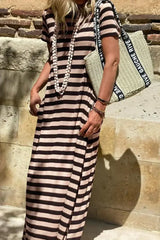 Black Striped Side Pockets T-shirt Maxi Dress - Femstylo