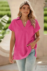 White Textured V Neck Collared Split Hem T Shirt - Femstylo