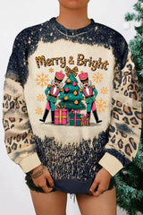 Black Merry&Bright Christmas Nutcracker Heat Transfer Printing Leopard Tie Dye Bleached Baggy Sweatshirt