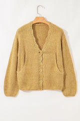 Light French Beige Lantern Sleeve Scallop V Neck Buttoned Front Cardigan