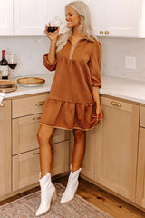 Desert Gold Quarter Zip Collar Bracelet Sleeve Textured Mini Dress