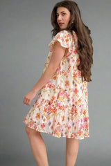 Apricot Floral Print Ruffled Trim Flutter Sleeve Mini Dress - Femstylo