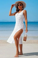 Crochet Beach Coverup Dress – High Split Maxi with U-Neck - Femstylo