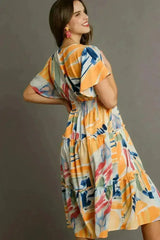 Umgee Abstract Print Midi Dress – Flutter Sleeves & Tiered Frill Detail - Femstylo