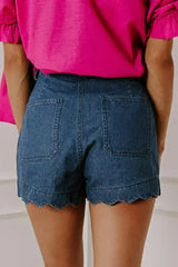 Sail Blue Scalloped Hemline Light Wash Denim Shorts - Femstylo