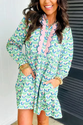 Green Floral Print Scallop Trim Pocket Mini Dress