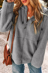 Pale Khaki Fleece Zip Up Drawstring Hooded Pocketed Jacket - Femstylo