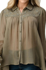 Embroidered Sheer Button-Up Blouse – Casual Elegance - Femstylo