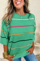 White Striped Half Sleeve Drop Shoulder Sweater - Femstylo