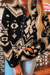 Black Vintage Geometric Half Zip Plush Sweatshirt