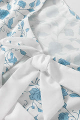 Sky Blue Floral Bow Front Puff Sleeve Mini Dress