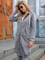 Double Take Full Size Zip-Up Longline Hoodie with Pockets - Femstylo