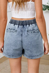 Dusk Blue Drawstring High Waist Pocketed Denim Shorts - Femstylo