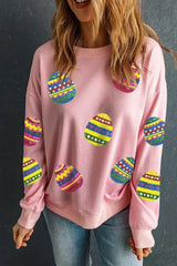 Pink Easter Sequin Egg Graphic Crew Neck Sweatshirt - Femstylo