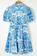 Sky Blue Boho Floral Print Frill Tiered Mini Dress - Femstylo