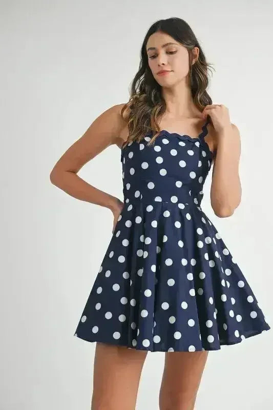MABLE Polka Dot Mini Dress with Ricrac Trim Strap - Femstylo