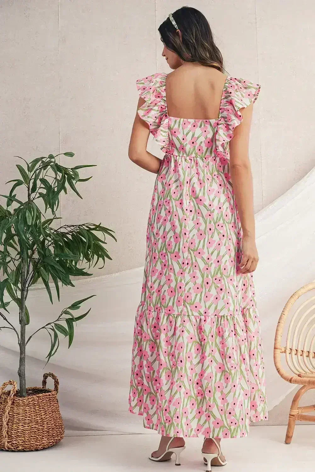 Pink Floral Print Square Neck Ruffled Strap Maxi Dress - Femstylo