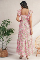 Pink Floral Print Square Neck Ruffled Strap Maxi Dress - Femstylo