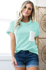 Pink Corded Colorblock Pocket Crew Neck T Shirt - Femstylo
