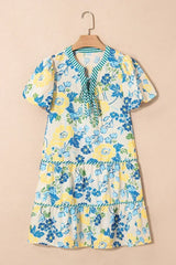 Blue Floral Print Striped Trim Puff Sleeve Mini Dress - Femstylo